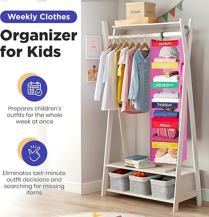 Handy Laundry Hanging Clothes Organizer for Kids - 6-Shelf Closet Daily Clothing Organization Labeled Shelves with Days of The Week Monday Through Friday, Weekday and Weekend (Pink)