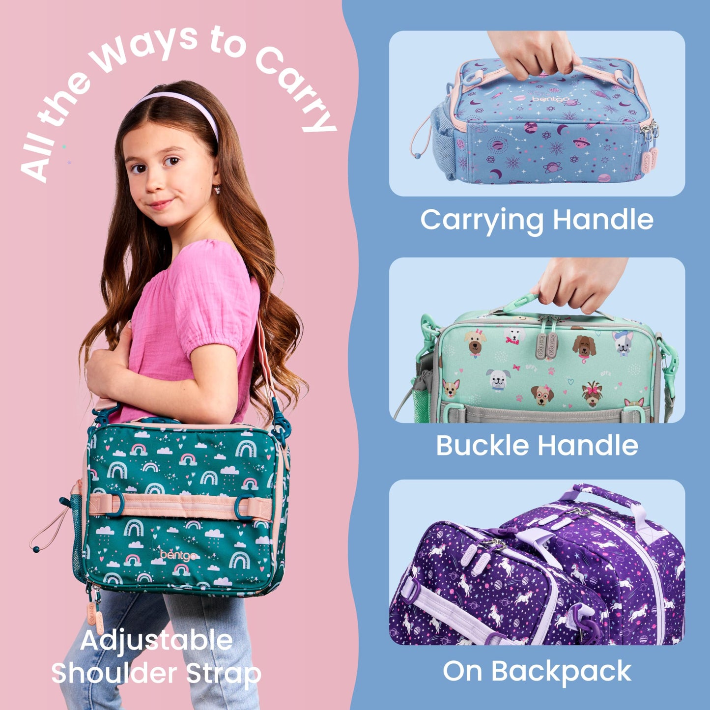 Bentgo Kids Lunch Bag - Double-Insulated, Reusable Lunch Bag for Kids 3+ with Adjustable Strap; Holds Lunch Box/Water Bottle/Snacks; Easy-Clean, Water-Resistant & Pockets (Glitter - Petal Pink)