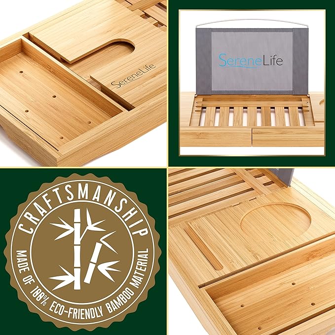 SereneLife Luxury Bamboo Bathtub Caddy Tray - Adjustable Natural Wood Bath Tub Organizer with Wine Holder, Cup Placement, Soap Dish, Book Space & Phone Slot for Spa, Bathroom & Shower - SLBCAD20
