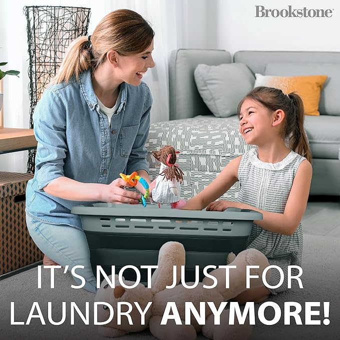 BROOKSTONE 11 GALLON XL 24" Collapsible Laundry Basket & Clothes Hamper, Comfort Non-Slip Handles, Modern Laundry Hamper with Space Saving Design, Portable Pop-Up Hamper, BPA FREE, Light Grey, 1 Pack