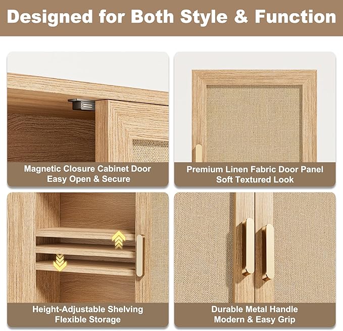 Rattan Bathroom Wall Cabinet with Open Compartments, Wall-Mounted Medicine Cabinet with Adjustable Wood Shelf & Doors, Over The Toilet Storage Cabinet for Laundry Room & Kitchen & Living Room