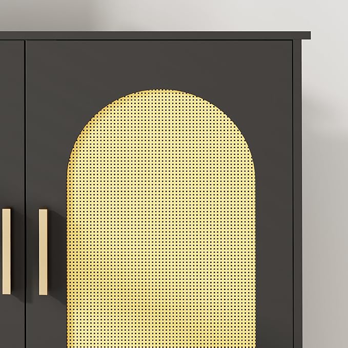 Homhedy 67" H Over The Toilet Storage Cabinet, Boho Bathroom Organizer with Rattan Decorated Doors, Adjustable Shelves, Toilet Paper Holder, Space-Saving Bathroom Shelf, Natural and Black