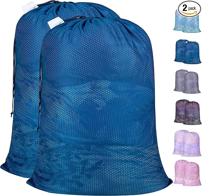 Polecasa Extra Heavy Duty Large Diamond Mesh Laundry Bags with Drawstring Closure & ID Tag, 2 Pack 24 x 36 inches Washable Storage Bag for College, Travel, Sports, Dorms, Blue