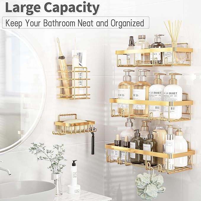 10 Pack Shower Caddy Organizer Rack Shelf for Inside Shower, Self Adhesive Wall Storage Basket Rustproof Stainless Steel Shampoo Holder Bathroom Accessory Decor Set, Gold