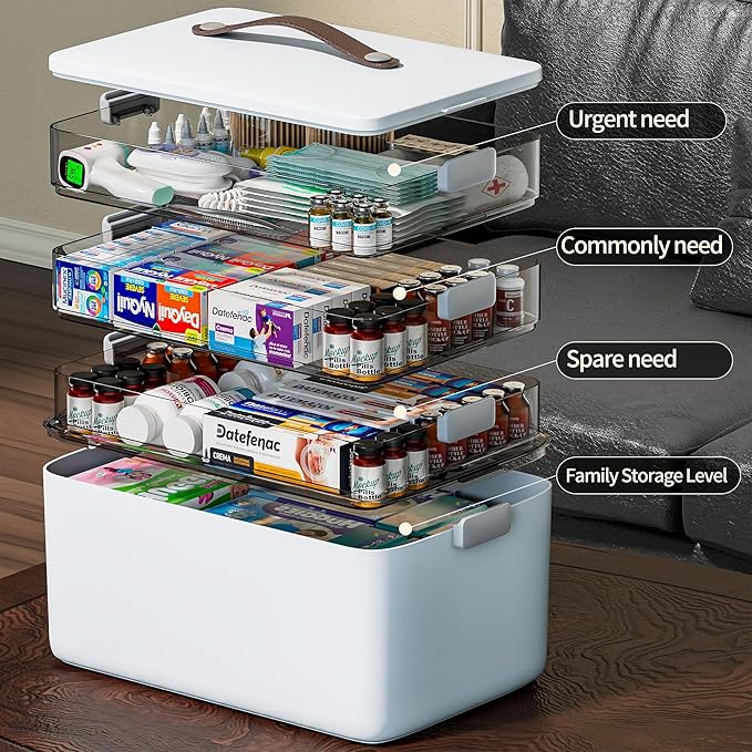 CTIME 4-Tier XL Medicine Organizer - Portable Medicine Cabinet with Leather Handle, Empty First Aid Kit for Home Organization Must, School, Dormitory, Travel, RV, Dorm, Ideal Elderly Gift