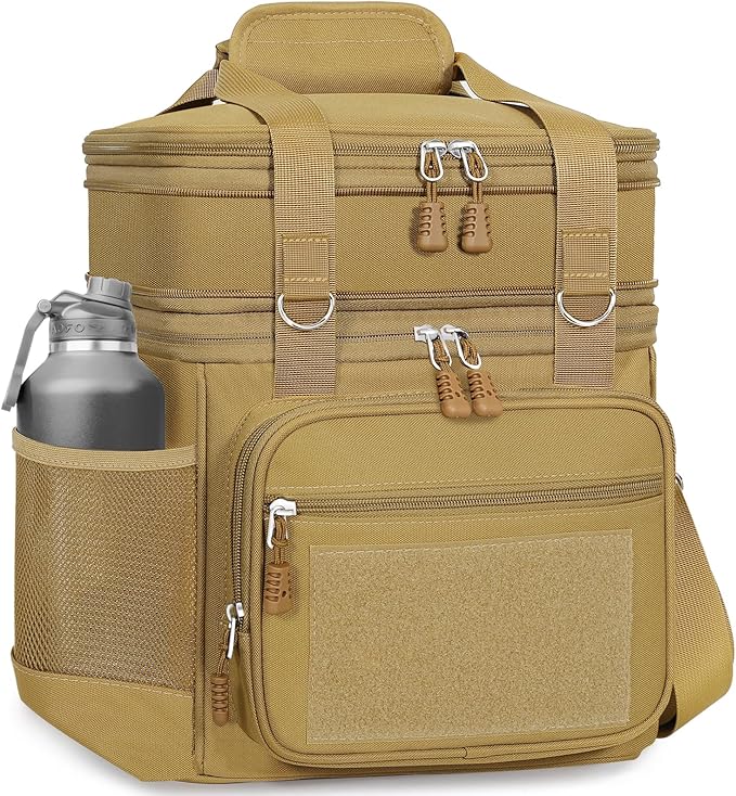 GLENKEY Double Deck Insulated Lunch Box, Expandable Large Lunch Bag Leakproof Cooler Bag Lunch Pail for Men Women Adults Work Shifts Travel Daytrip, Brown