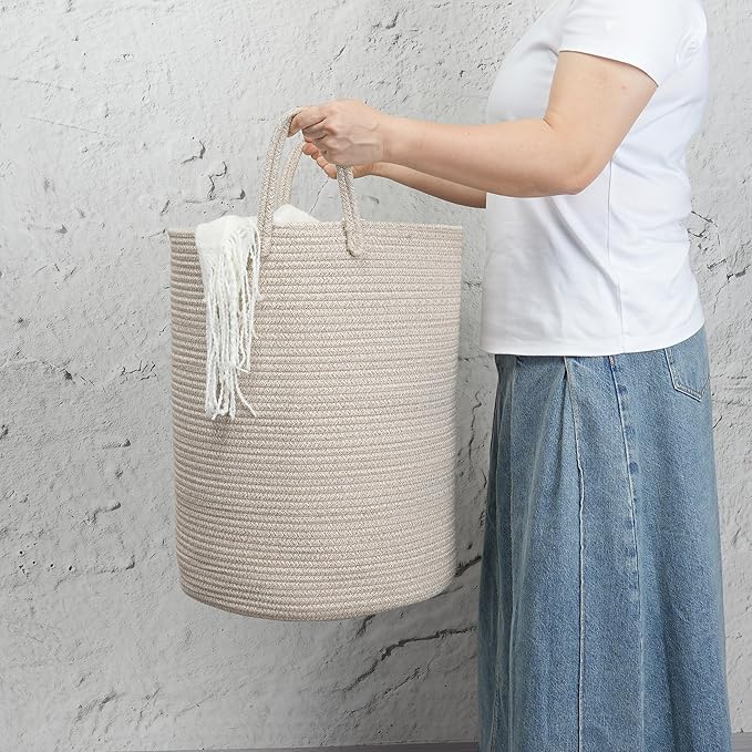 Woven Cotton Rope Laundry basket-15”X20” Laundry Hamper-Rope Storage Basket for Dirty Clothes, Toys and Blankets Perfect for Bathroom, Baby nursery and Living Room Storage (oatmeal)