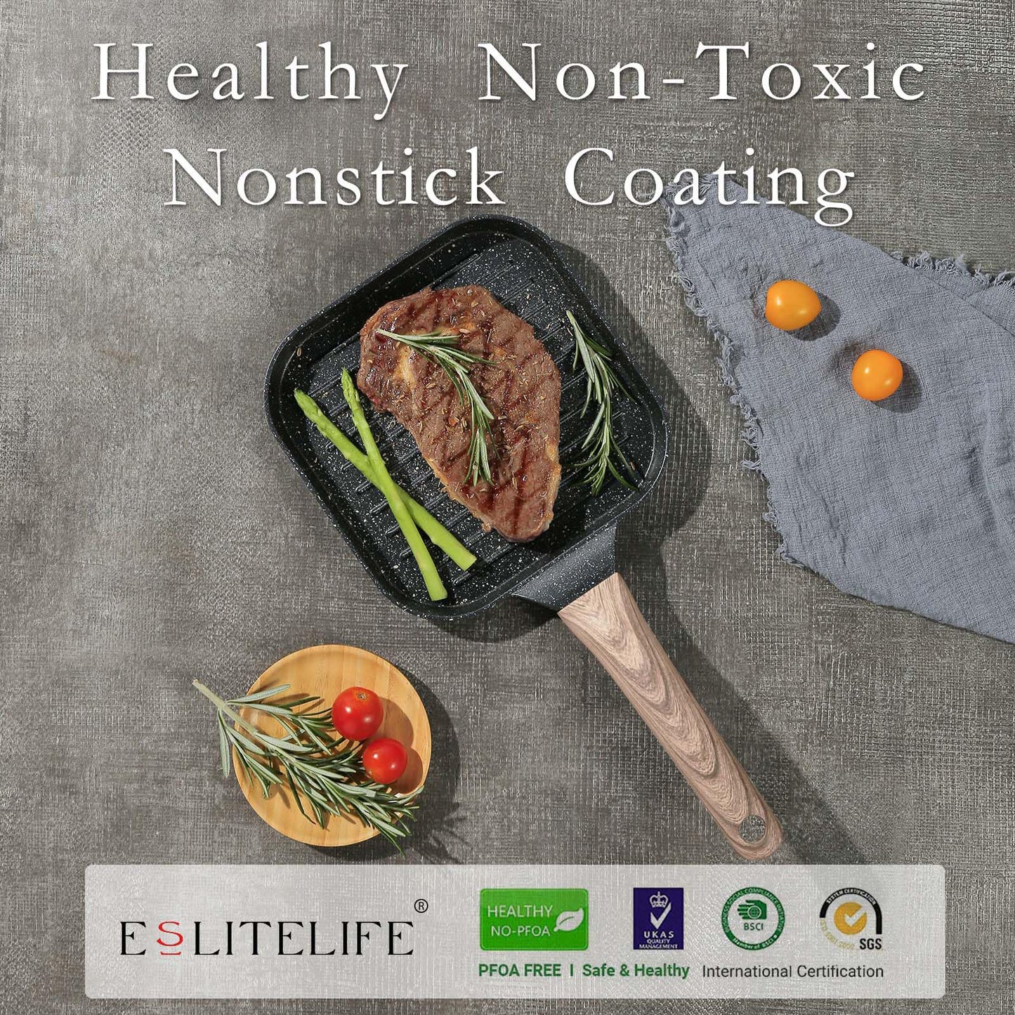 ESLITE LIFE Nonstick Grill Pan for Stove Tops, Versatile Griddle with Pour Spouts, 9.5 Inch Square Big Grilling Skillet Steak Pan for Indoor & Outdoor Cooking, PTFE & PFOA Free, Black