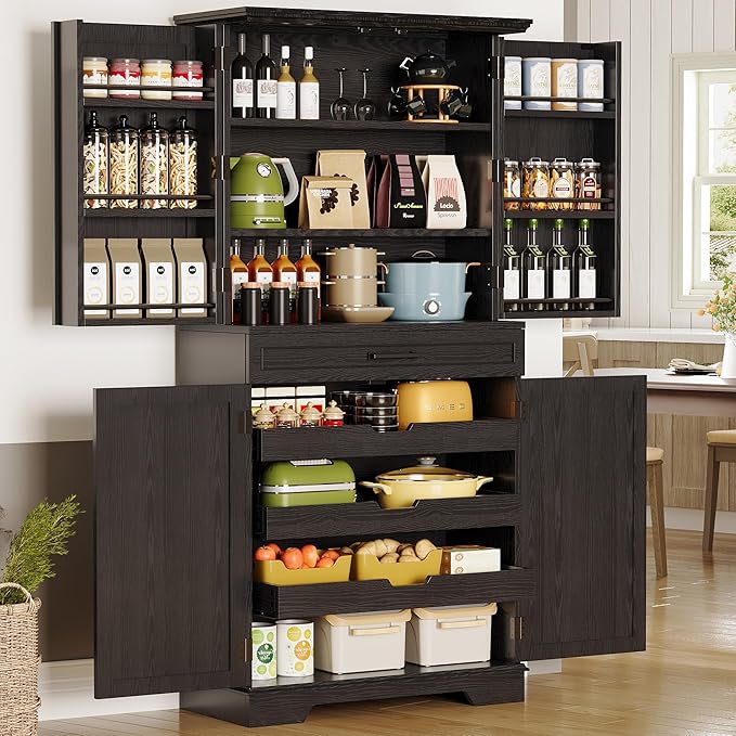 IRONCK 72" Farmhouse Kitchen Pantry Cabinet with Sliding Storage Rack,Black