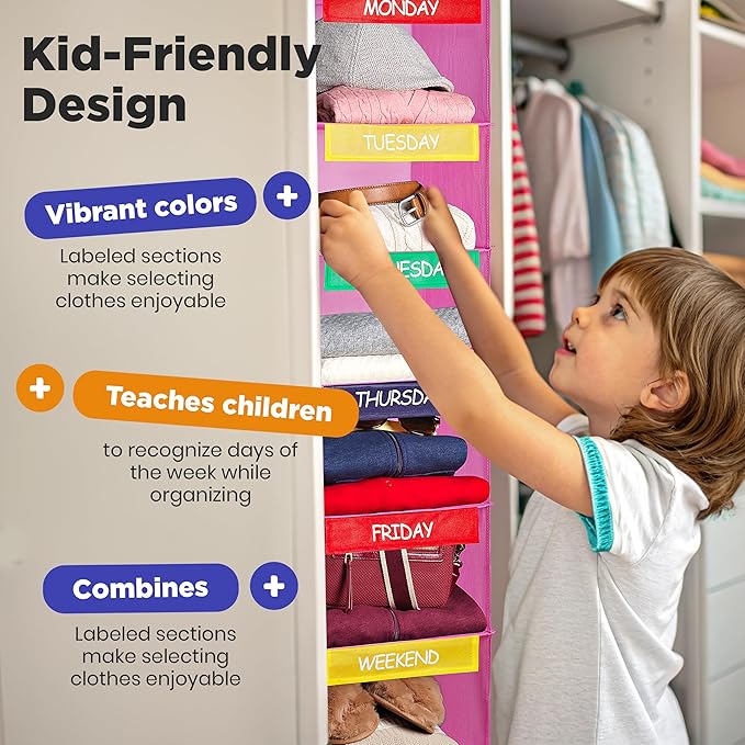 Handy Laundry Hanging Clothes Organizer for Kids - 6-Shelf Closet Daily Clothing Organization Labeled Shelves with Days of The Week Monday Through Friday, Weekday and Weekend (Pink)