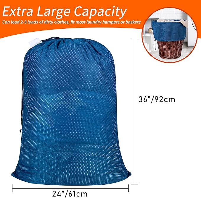 Polecasa Extra Heavy Duty Large Diamond Mesh Laundry Bags with Drawstring Closure & ID Tag, 2 Pack 24 x 36 inches Washable Storage Bag for College, Travel, Sports, Dorms, Blue