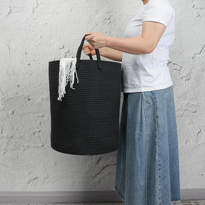 Woven Cotton Rope Laundry basket-15”X20” Laundry Hamper-Rope Storage Basket for Dirty Clothes, Toys and Blankets Perfect for Bathroom, Baby nursery and Living Room Storage (black)