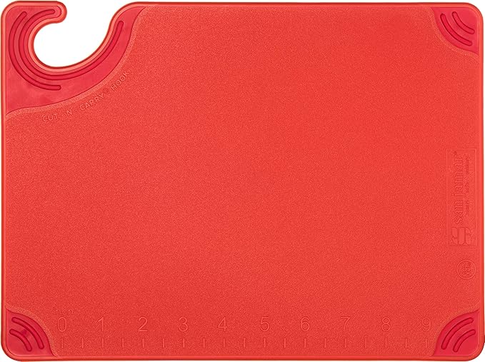 San Jamar Saf-T-Grip Cutting Board With Molded-In Ruler, Plastic Chopping Board for Kitchen, 9" x 12" x 0.35", 6 Count, Red