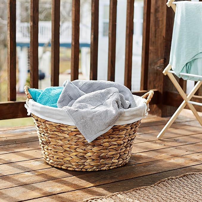 Household Essentials Round Wicker Laundry Basket with Handles, Whimsical Water Hyacinth Basket, Supportive Metal Frame, Removable Polyester Liner, Handwoven, Well-Structured and Versatile, Natural