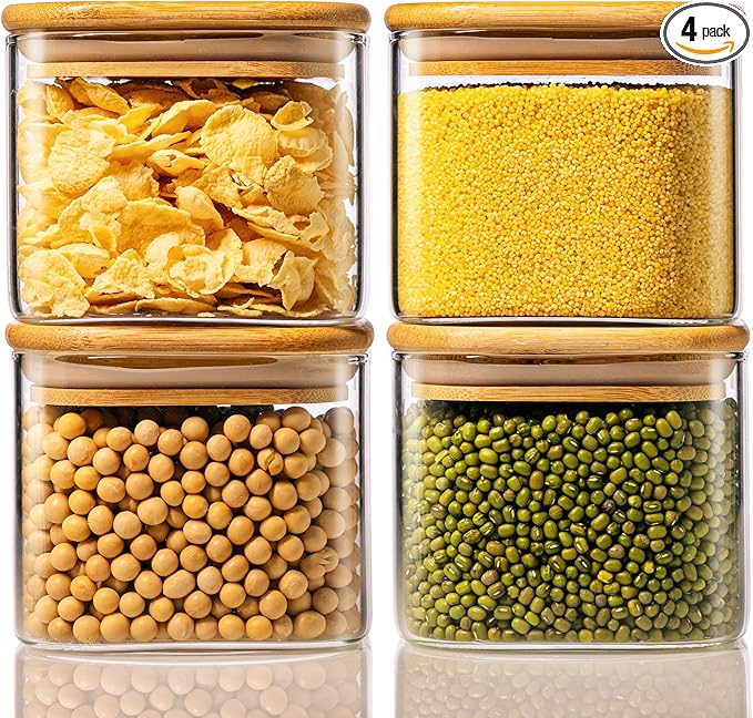 42 oz Square Glass Food Storage Containers with Airtight Bamboo Lids, 4Pack