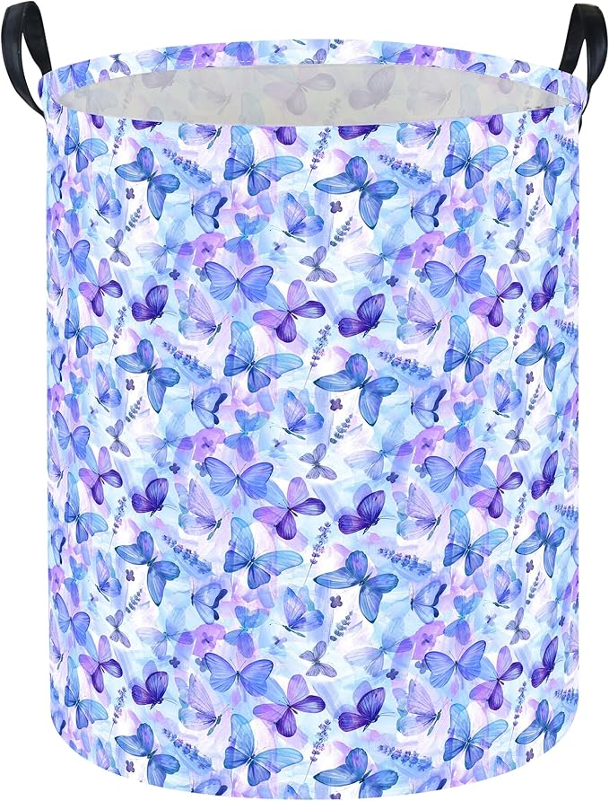 Butterfly Laundry hamper Baby Nursery Hamper Waterproof foldable kids laundry basket Kids Dirty Clothes Hampers Girl Room Decor for Home Gift Baskets(Blue Purple Butterfly)