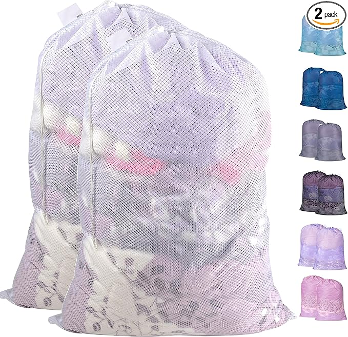 Polecasa Extra Heavy Duty Large Diamond Mesh Laundry Bags with Drawstring Closure & ID Tag, 2Pcs 24 x 36 inches Washable Storage Bag for Hamper, College, Travel, Sports, Dorms, White
