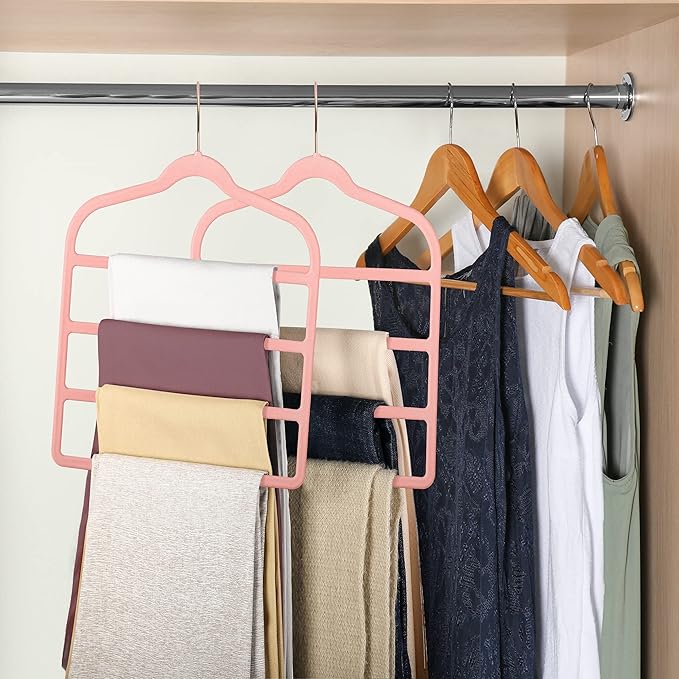 Velvet Pants Clothes Hanger Space Saving Non Slip Pants Shorts Hanger, Myfolrena Jeans Slack Trousers Hangers Multiple Velvet Hanger Closet Storage and Organization for Jeans,Scarf,Tie(Pink, 5)