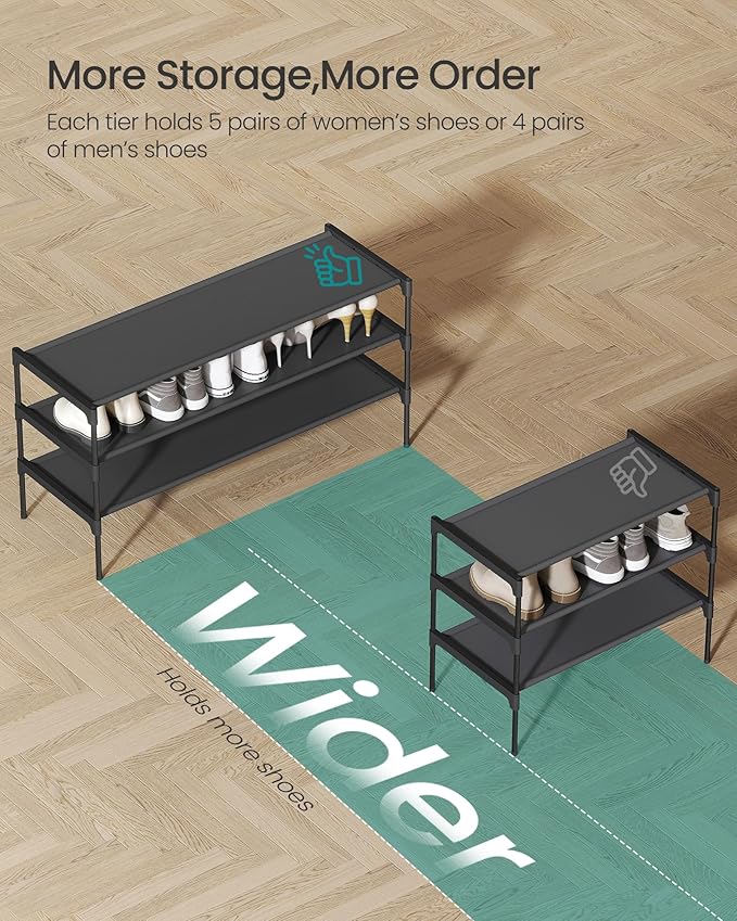 SONGMICS Shoe Rack, 3-Tier Shoe Storage Organizer, Space-Saving, 11.7 x 36.1 x 21 Inches, Entryway, Metal Frame, Non-Woven Fabric Shelves, Ink Black ULSH033BH01
