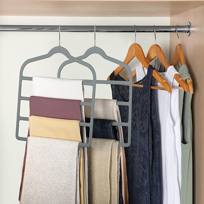 Velvet Pants Clothes Hanger Space Saving Non Slip Pants Shorts Hanger, Myfolrena Jeans Slack Trousers Hangers Multiple Velvet Hanger Closet Storage and Organization for Jeans,Scarf,Tie(Grey, 5)