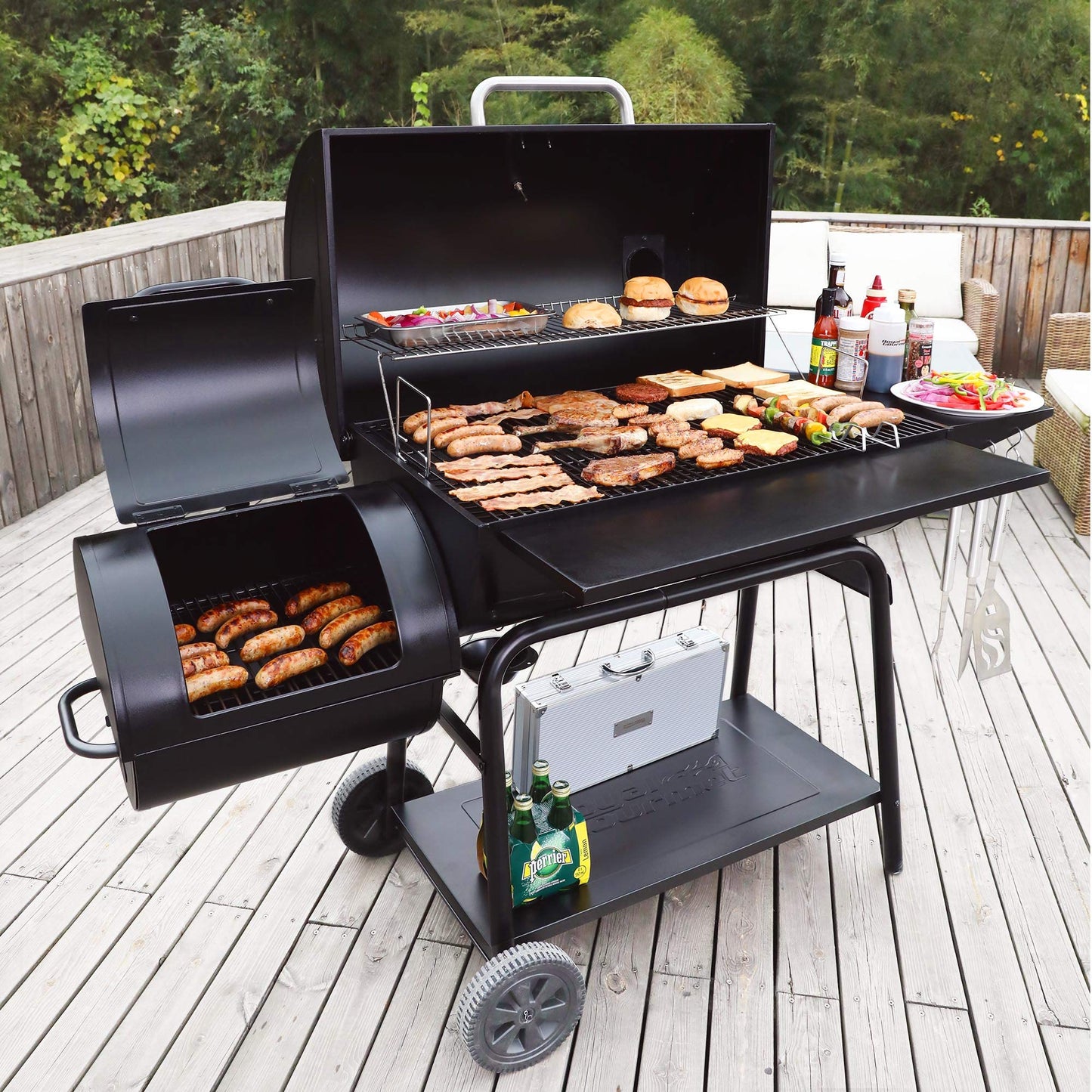 Royal Gourmet CC2036F Barrel Charcoal Grill with Offset Smoker, Outdoor BBQ Grill with 1200 Sq. In. Grilling Area for Large Event Gathering, Black