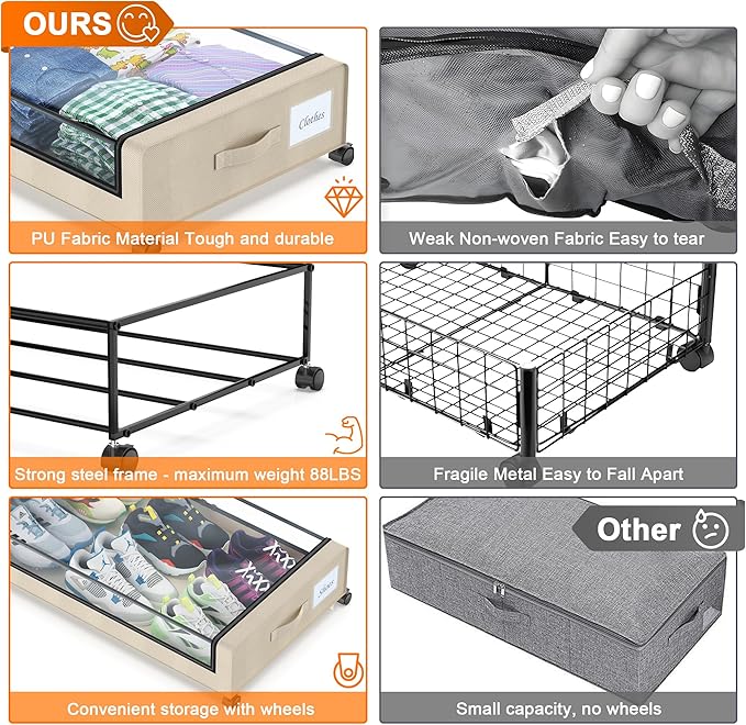 Under Bed Storage with Wheels, 2 Pack Under Bed Storage Containers with Dividers & Clear Lids, XXL 65L Under the bed storage Organizer Bins, Underbed Storage with Wheels for Clothes (White, 2 Pack)