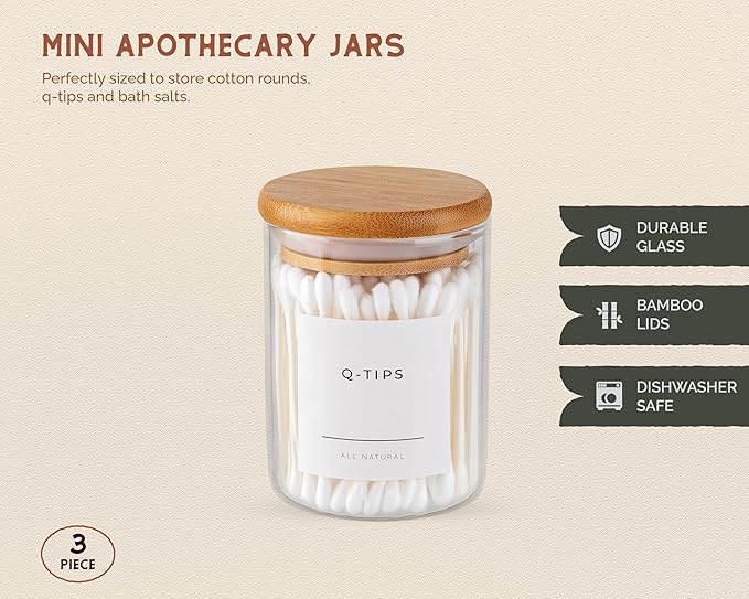 Mini Glass Apothecary Jars with Bamboo Lids, Small Bathroom and Kitchen Storage Containers, For Cotton Balls, Pads and Swabs, 10 oz, Set of 3 (Clear)