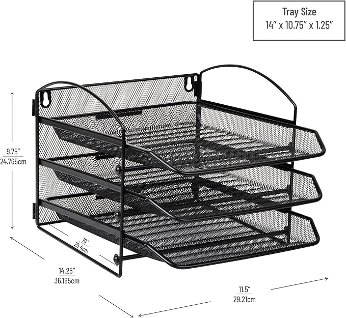 Mind Reader 3-Tier Paper Tray, File Storage, Desktop Organizer, Wall Mountable, File Organization, Metal Mesh, Black