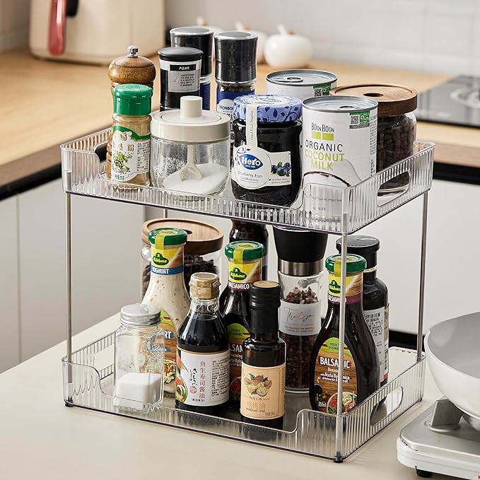 3 Tier Bathroom Counter Organizer, Multi-Purpose Cosmetics Skincare Shelf, Fits A4 Size Makeup Organizer for Office and Vanity Tray, Countertop Storage Solution for Kitchen,Bath.(Clear)