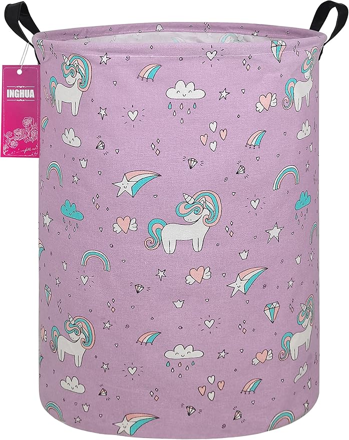 Laundry Hamper Large Canvas Fabric Lightweight Storage Basket/Toy Organizer/Dirty Clothes Collapsible Waterproof for College Dorms, Boys and Girls Bedroom,Bathroom(Unicorn)