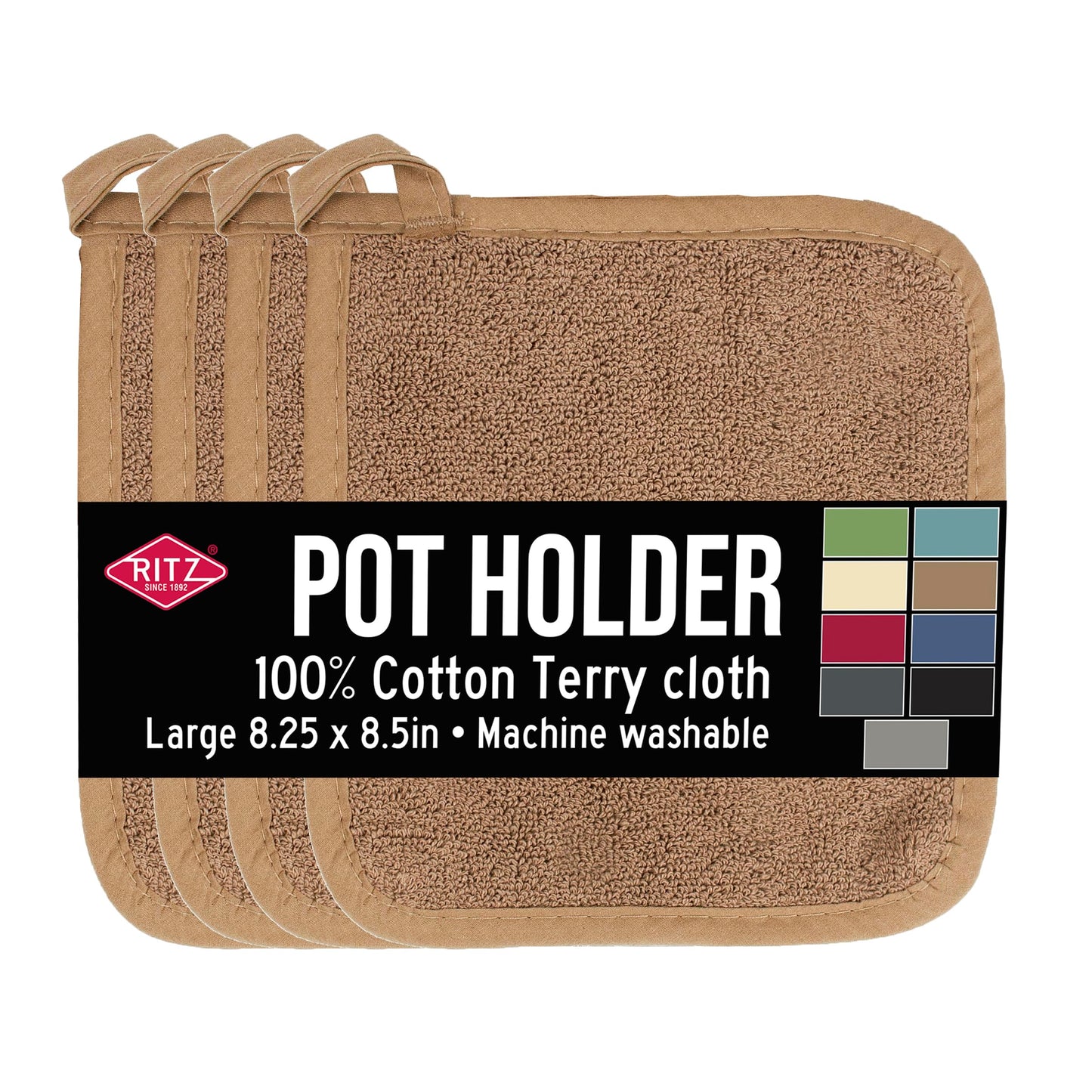 RITZ Terry Potholder & Hot Pad: Unparalleled Heat Resistant, Durable 100% Cotton – Ergonomically Designed for Optimal Grip – Easy-Care Machine Washable – 2-Pack, Latte