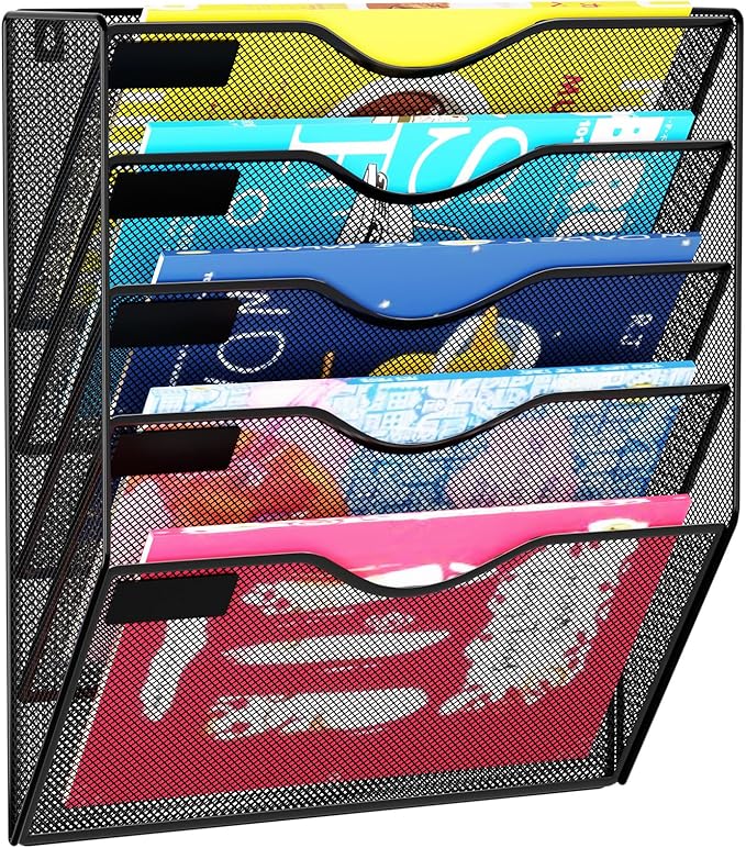 5 Pockets Mesh Hanging Wall File Holder Organizer Wall Mounted Paper Magazine Rack, Black