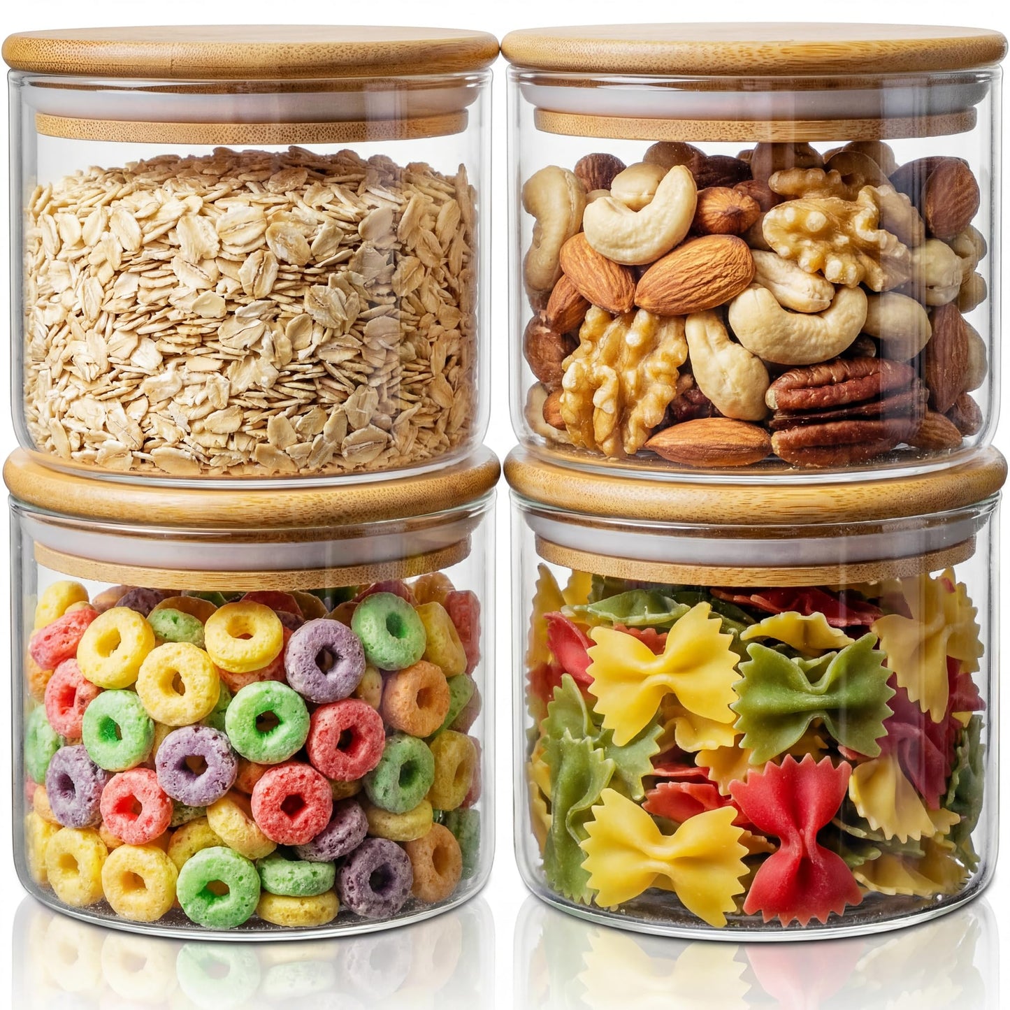 32 oz & 21 oz Round Glass Food Storage Containers with Bamboo Lids, 4 Pack