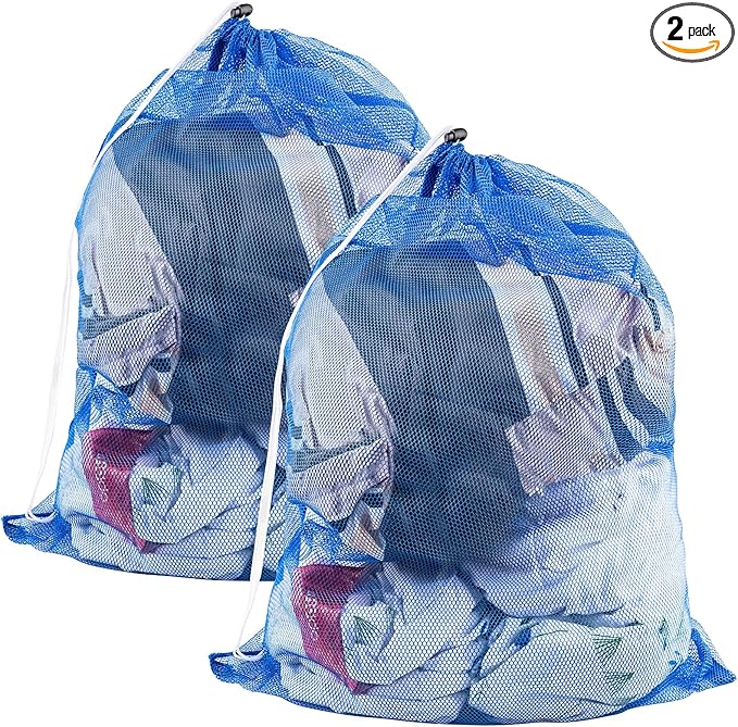 2 Pack Large Mesh Laundry Bags, 24" x 36" Heavy Duty Strong Drawstring Dirty Clothes Bags with Soft Breathable Net, Machine Washable Laundry Bag for College, Dorm, Camp, Travel and Family Use(Blue)