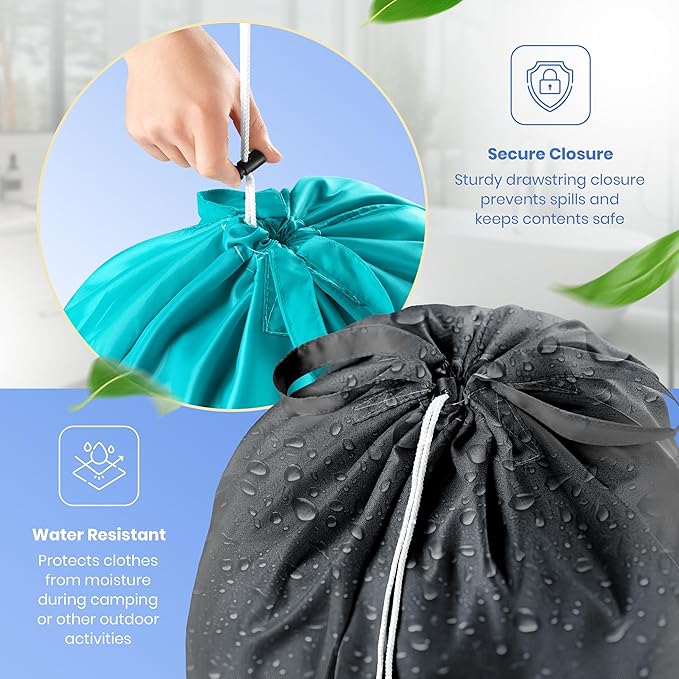 Extra Large Travel Laundry Bag - 2-Pack Fun Print Design Bags for Dirty Clothes - Durable Water-Resistant Fabric - Sturdy Drawstring Closure (Teal-Grey | Laundry)