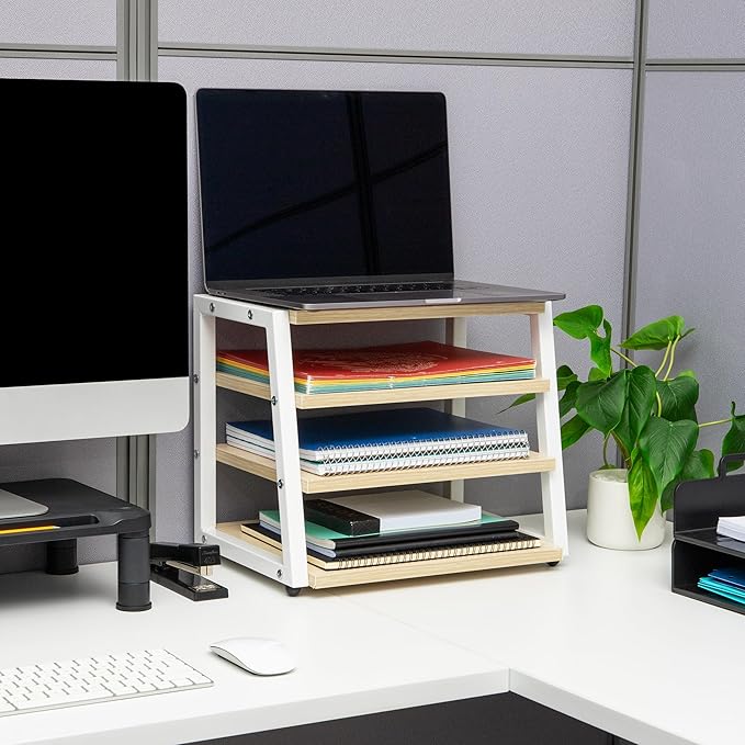 Mind Reader 4-Tier Desk Organizer, File Storage, Documents, Office, Metal, MDF, 14.5" L x 10.5" W x 12" H, White