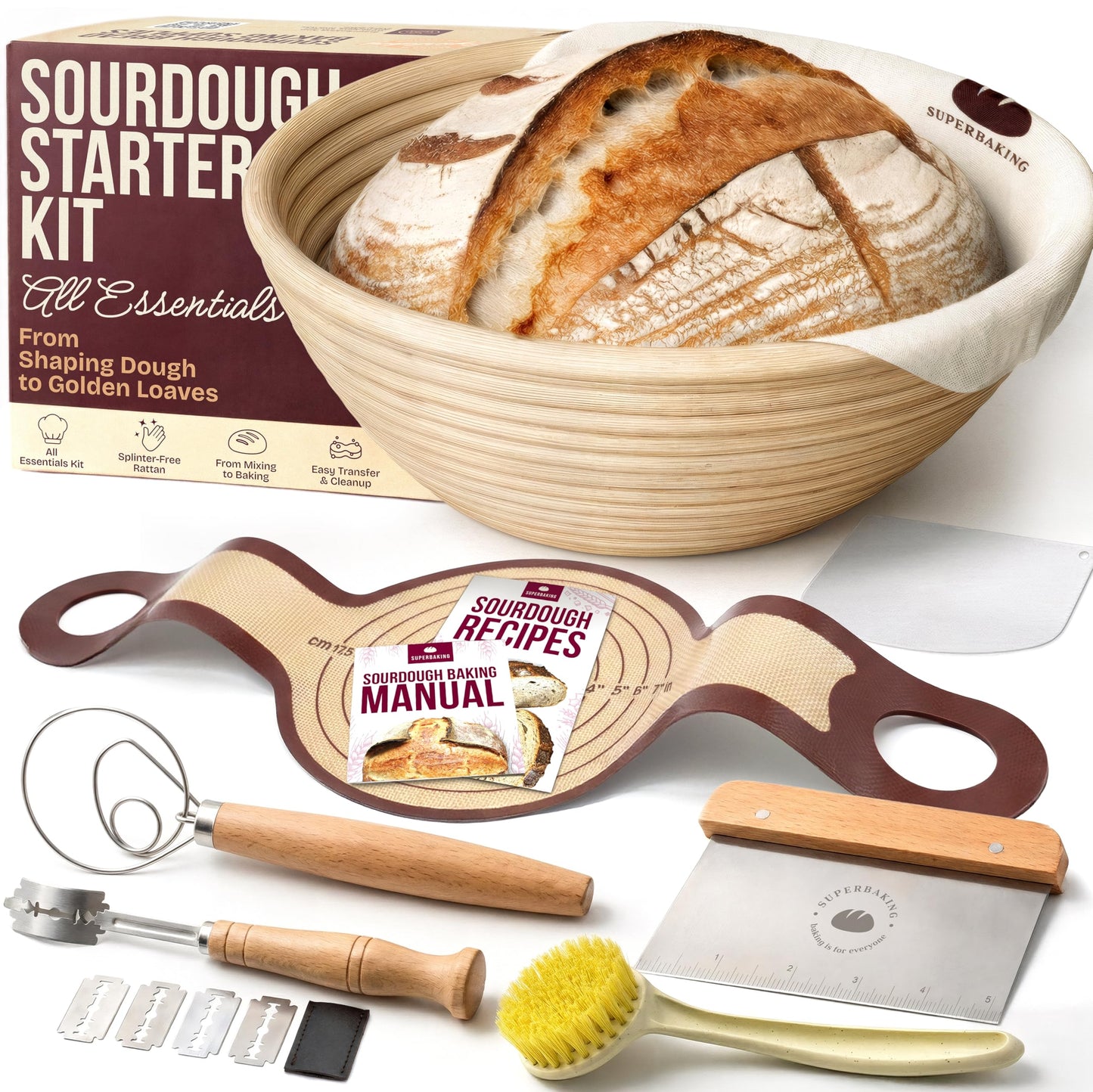 Superbaking Sourdough Banneton Bread Proofing Basket, 9" Round, Set of 2