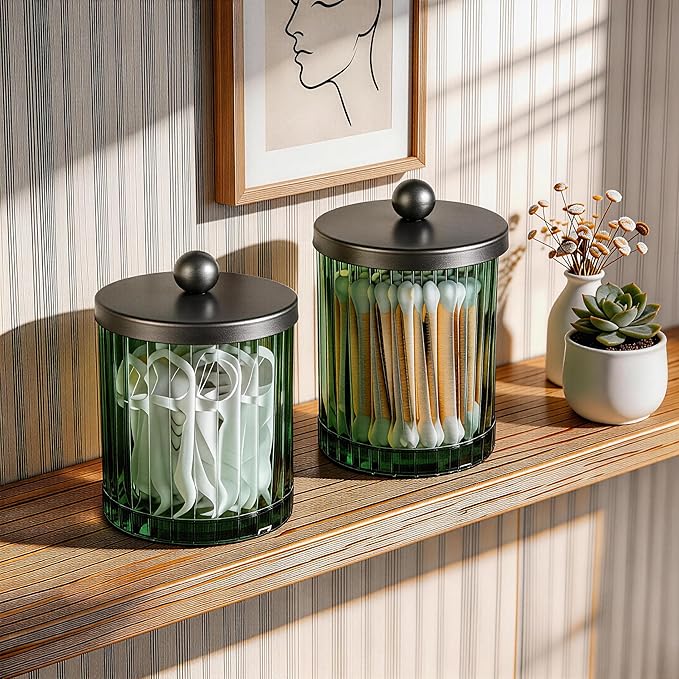 Amolliar Sage Green Glass Apothecary Jar With Metal Lid & Stickers, Bathroom Qtip Holder Dispenser for Cotton Swabs, Balls, Round Pads, Bath Salt, Floss, Countertop Canister Storage, Bronze 2 Pack