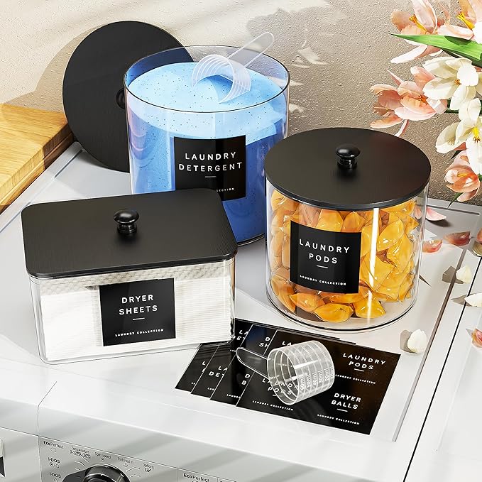 3 Pack Laundry Pods Container, Clear Laundry Room Organization Containers,Large Acrylic Detergent Powder Storage Containers Black Wooden Lids & Labels, Dryer Sheet Holder