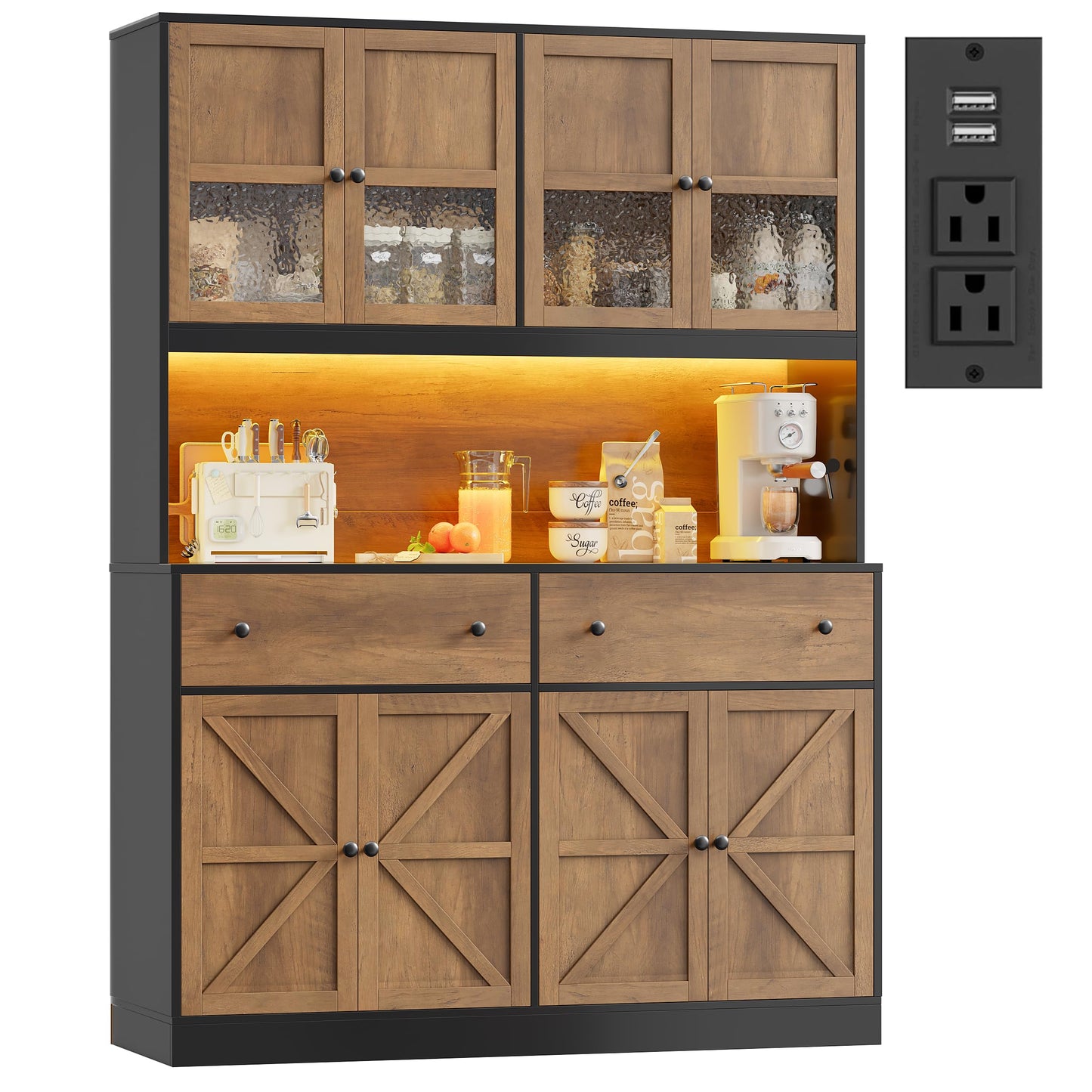 FINETONES 71" Pantry Cabinet with LED Light and Charging Station