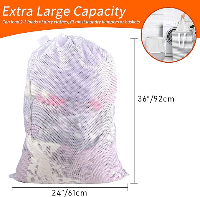 Polecasa Extra Heavy Duty Large Diamond Mesh Laundry Bags with Drawstring Closure & ID Tag, 24 x 36 inches Washable Storage Bag for College, Travel, Sports, Dorms, White (Pack of 2)