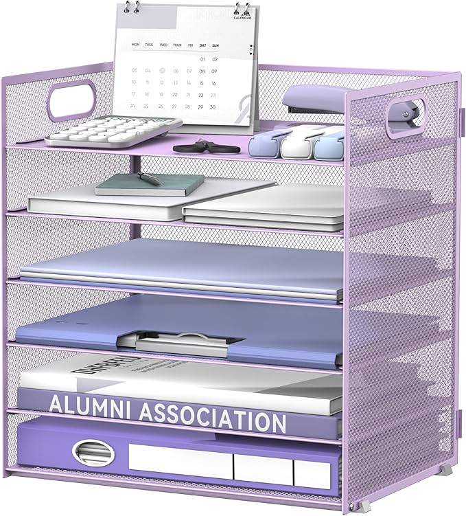 Daltack 6 Tier Paper Organizer for Desk, Paper Letter Tray Organizer for Desks, Mesh Desk File Organizers with Handle for Office, Home, School, Purple