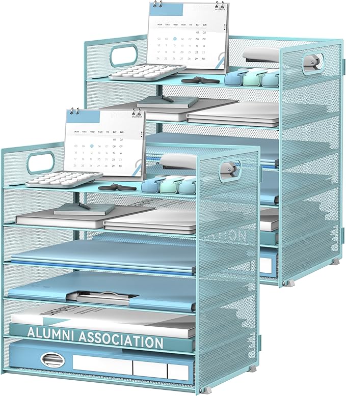 Daltack 6 Tier Paper Organizer for Desk, Paper Letter Tray Organizer for Desks, Mesh Desk File Organizers with Handle for Office, Home, School, Blue, 2 Pack