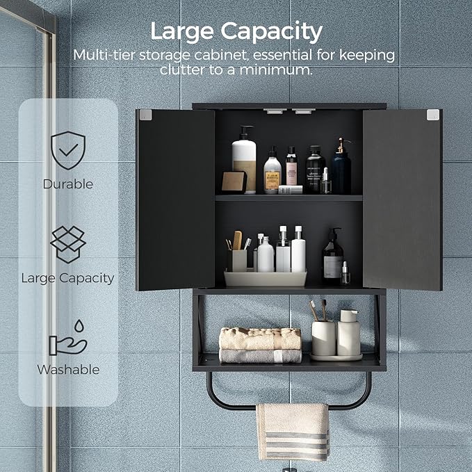 Bathroom Wall Cabinet with 2 Door and Adjustable Shelf, Farmhouse Medicine Cabinet with Towel Rack, 3-Tier Wall Mounted Storage Cabinet Over The Toilet for Bathroom Laundry Room, Black
