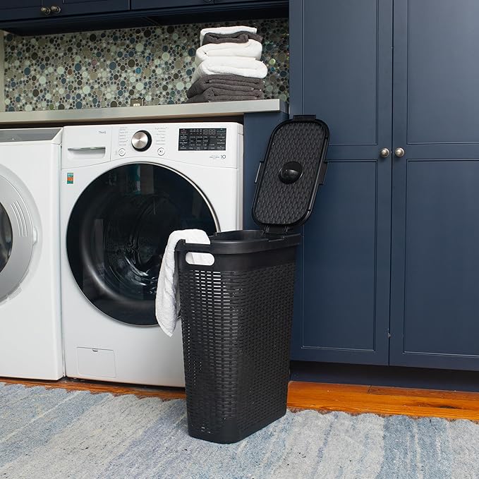 Mind Reader Slim Laundry Hamper with Lid, 40L Clothes Basket, Premium Wicker Design, Plastic, Set of 2, Black