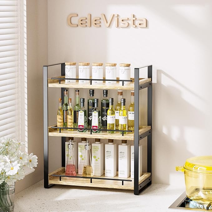 Bathroom Counter Organizer, 3 Tier Wood Countertop Shelf for Vanity, Skincare, Makeup, Kitchen Coffee and Sink Storage, with Durable Metal Bracket (Light Brown)