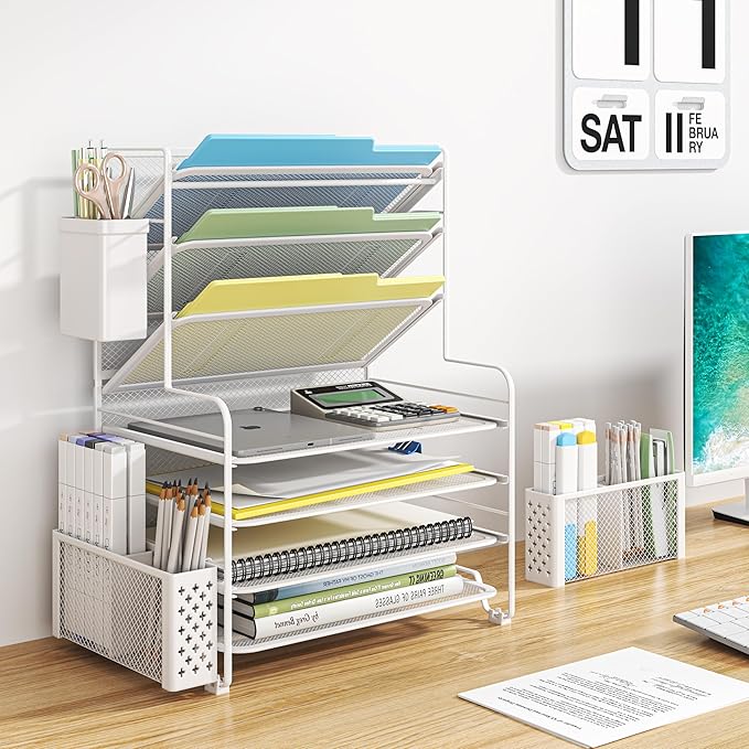 Simple Trending 7 Tier Desk File Organizer, Letter Tray Paper Organizer with Pen Holder and Metal Hanging Basket, White