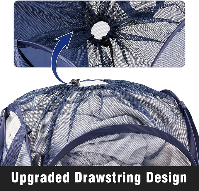 TECHMILLY Collapsible Mesh Pop Up Laundry Hamper with Sturdy Handles and Side Pocket - Portable Foldable Clothes Baskets for Dorm, Bathroom & Travel Storage (with Drawstring, Blue)