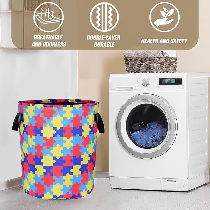 Autism Awareness Laundry Basket Colorful Puzzle Foldable Oxford Cloth Funny Tote Bag Laundry Hamper Clothes Storage Bucket Organizer For Bathroom/Laundry Storage/Bedroom 17.7x13.7 Inch