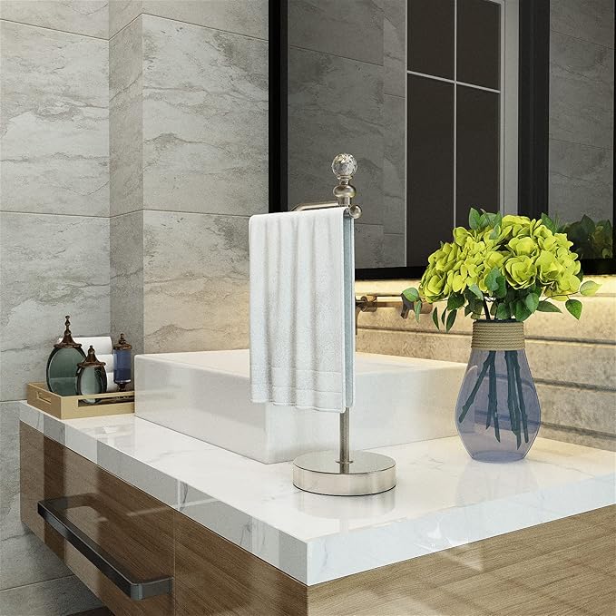 Heavy Weighted Hand Towel Holder with Crystal Ball - Stand, 15.7'' Tall, Brushed Nickel